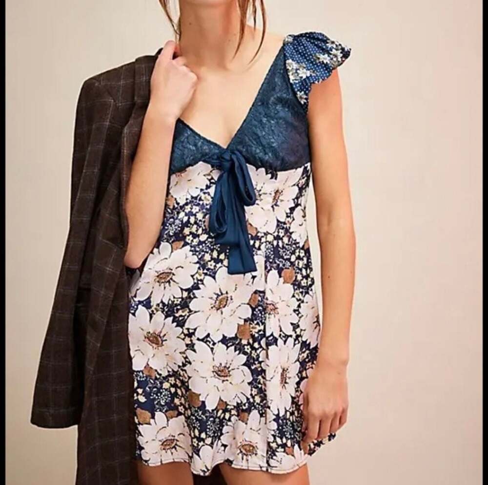 NWT Free People Aurora Mini Boho Dress Satin and Lace Navy Combo